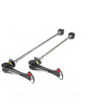 BLOCAGE RAPIDE TOKEN VTT AXE TITANE / ALU NOIR 57g MODELE SHARK TAIL  (LA PAIRE)