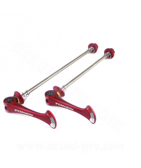 BLOCAGE RAPIDE TOKEN VTT AXE TITANE / ALU ROUGE 57g MODELE SHARK TAIL (LA PAIRE)