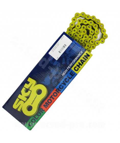 CHAINE MOTO / MECABOITE RENFORCEE COULEUR JAUNE KMC 420 134 MAILLONS