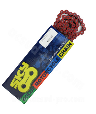 CHAINE MOTO / MECABOITE RENFORCEE COULEUR ROUGE KMC 420 134 MAILLONS