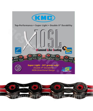 CHAINE VELO 10V. KMC X10SL 112 MAILLONS NOIR/ROUGE  241g 2.38