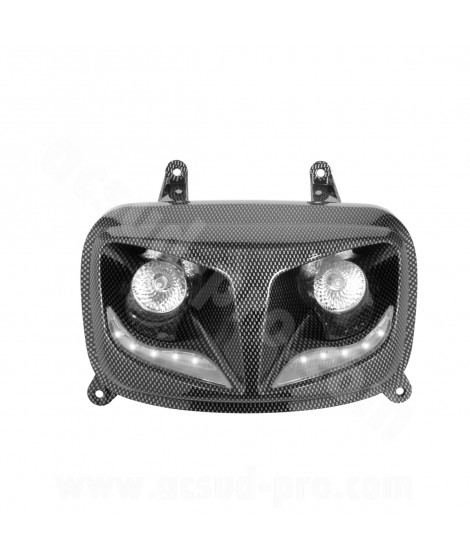 DOUBLE OPTIQUE TNT 2 LAMPES HALOGENE + LEDS BLANCHE EYELIGHT ADAPT. YAMAHA BOOSTER (à partir de) 2004  IMITATION CARBONE *