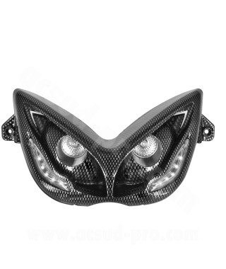 DOUBLE OPTIQUE TNT 2 LAMPES HALOGENE + LEDS BLANCHE EYELIGHT ADAPT. YAMAHA NITRO / AEROX IMITATION CARBONE  *
