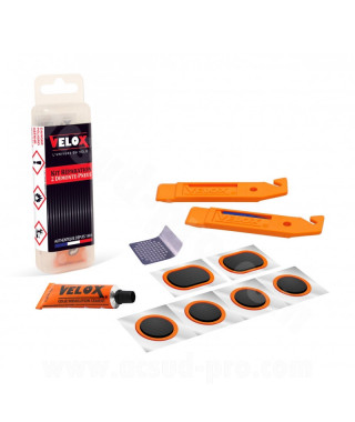 NECESSAIRE REPARATION VELOX  (6 RUSTINES + TUBE DISSOLUTION COLLE 5 ML + RAPE + 2 DEMONTE PNEUS)