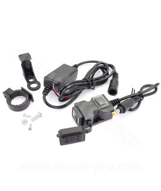 PRISE CHARGEUR DOUBLE USB UNIVERSEL SCOOTER / MOTO avec interrupteur (5V-2.1A-5V-1A) (FIXATION GUIDON OU RETROVISEUR)