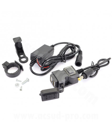 PRISE CHARGEUR DOUBLE USB UNIVERSEL SCOOTER / MOTO avec interrupteur (5V-2.1A-5V-1A) (FIXATION GUIDON OU RETROVISEUR)