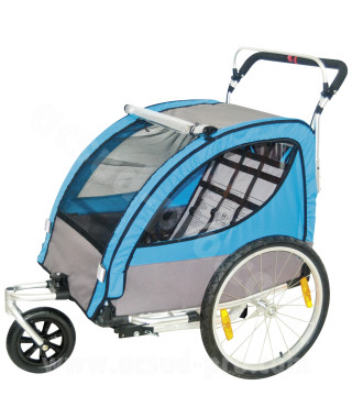REMORQUE VELO ENFANT 2 PLACES 3 ROUES ALUMINIUM BLEU AVEC ROUE 20"