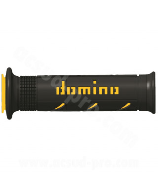 REVETEMENT POIGNEE DOMINO ROAD BI-COMPOSANTS NOIR / JAUNE A250 OPEN END 120-125mm (LA PAIRE)