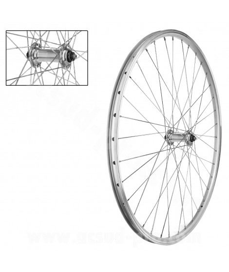 ROUE AVANT VELO 700x35 VTC 28" BLOCAGE JANTE ARGENT MACH1 ER10. MOYEU MICHE MAGNUM V-BRAKE 36 TROUS (ETRTO 19-622)