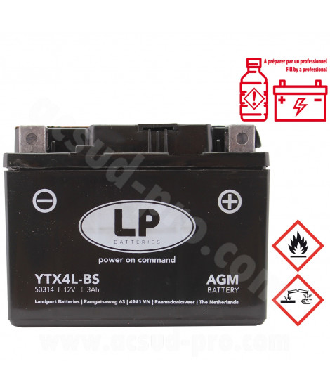 BATTERIE LANDPORT LTX4L-BS 12V-3Ah SANS ENTRETIEN AGM (TNT MOTOR CITY 50cc 125cc SYM YAMAHA PIAGGIO 50cc