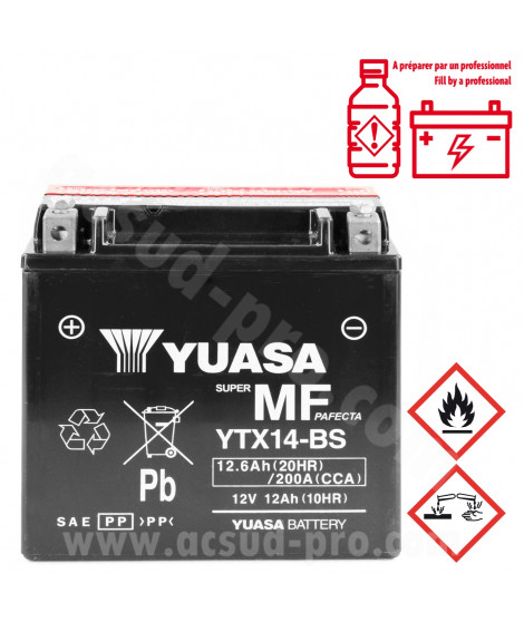 BATTERIE YUASA YTX14-BS 12V126 Ah MF SANS ENTRETIEN LIVREE AVEC PACK ACIDE ( PIAGGIO 125-250-300-400-500 MP3 250-400 X-EVO
