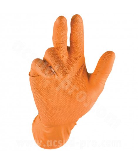 GANTS ATELIER NITRILE ECAILLES DE POISSON RESISTANT AUX PRODUITS CHIMIQUES AUX HUILES A L'ESSENCE ORANGE TAILLE XXL 25 PAIRES