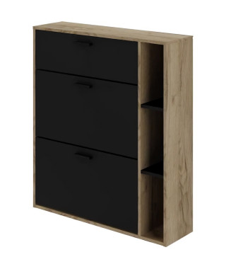 Meuble a chaussures LEONA 2 Portes - Mélaminé noir et contour chene rustique - 8 a 10 paires - L90 x P25 x H102 cm