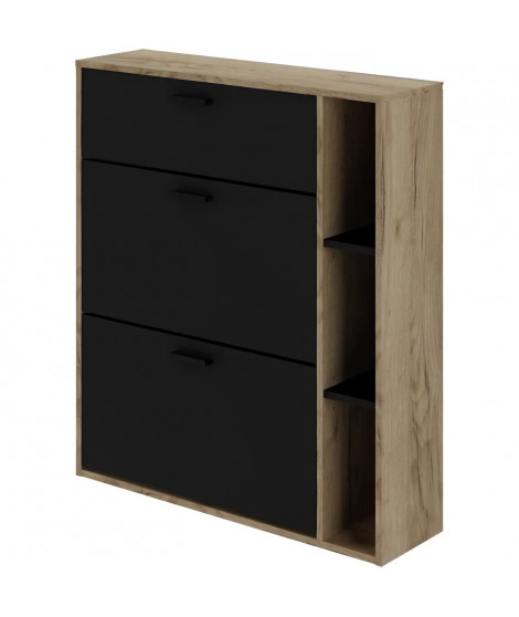 Meuble a chaussures LEONA 2 Portes - Mélaminé noir et contour chene rustique - 8 a 10 paires - L90 x P25 x H102 cm