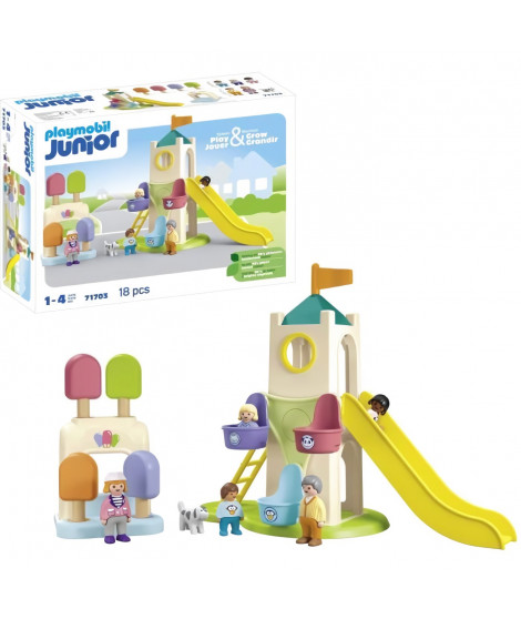 PLAYMOBIL Junior 71703 Aire de jeux avec toboggan géant Comprend cinq personnages, un toboggan et des accessoires - Des 1 an