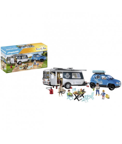 PLAYMOBIL 71423 Famille avec voiture et caravane - Contient 3 personnages, du mobilier et de nombreux accessoires.