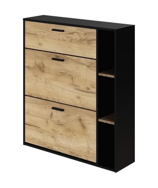 Meuble a chaussures LEONA 2 Portes - Mélaminé chene rustique et contour noir - 8 a 10 paires - L90 x P25 x H102 cm