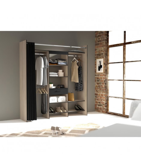 Kit dressing ARTIC avec rideau - Décor Chene et noir - 1 colonne + 3 penderies + 1 tiroir - L 184 x P 50 x H 203 cm - EKIPA