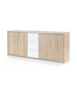Buffet bas PILVI - 4 portes et 3 tiroirs - Blanc mat et chene sonoma - Contemporain - L 179,2 x P 42 x H 74,5 cm
