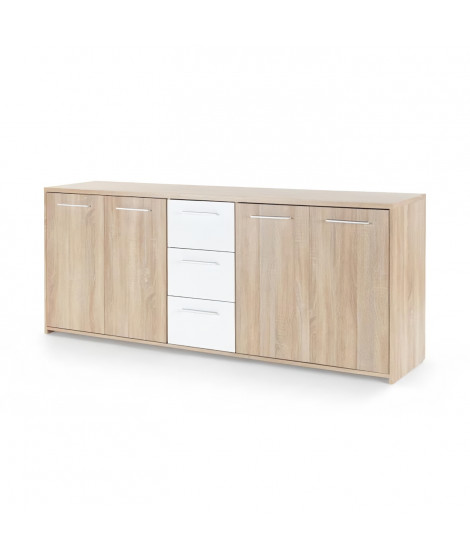 Buffet bas PILVI - 4 portes et 3 tiroirs - Blanc mat et chene sonoma - Contemporain - L 179,2 x P 42 x H 74,5 cm