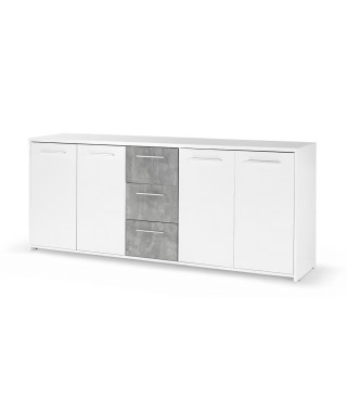 Buffet bas - Panneaux de particules - Blanc et décor gris béton - 4 portes + 3 tiroirs - L 179 x P 42 x H 74,5 cm