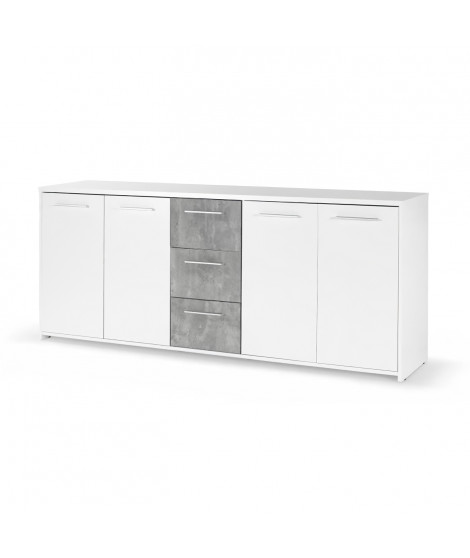 Buffet bas - Panneaux de particules - Blanc et décor gris béton - 4 portes + 3 tiroirs - L 179 x P 42 x H 74,5 cm