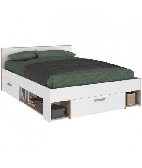 Lit adulte DREAM 140 x 190/200 cm - 3 tiroirs - Décor blanc et chene - PARISOT