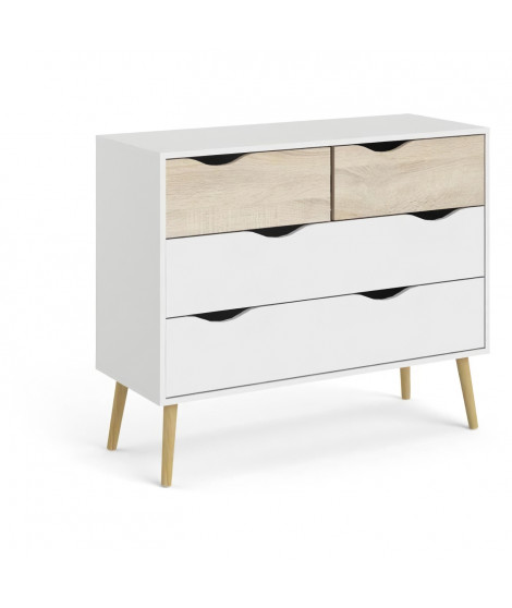 Commode 4 tiroirs - Blanc / Chene - Pietement évasé en bois massif - 98,7 x 39,1 x 81,7 cm - TVILUM