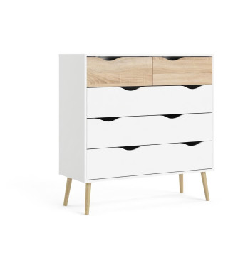 Commode 5 tiroirs - Blanc / Chene - Pietement évasé en bois massif -  98,7 x 39,1 x 100,9 cm - TVILUM