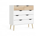 Commode 5 tiroirs - Blanc / Chene - Pietement évasé en bois massif -  98,7 x 39,1 x 100,9 cm - TVILUM