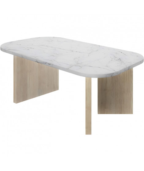 Table basse ovale - QUARTZ - Blanc effet marbre - Pieds épais en chene - 105 x 58 x 39 cm - DIAGONE