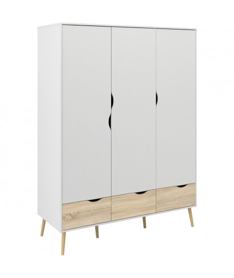 Armoire - Blanc / Chene - 3 portes / 3 tiroirs - Pietement évasé en bois massif - Chambre - 147,2 x 58,1 x 200,1 cm - TVILUM