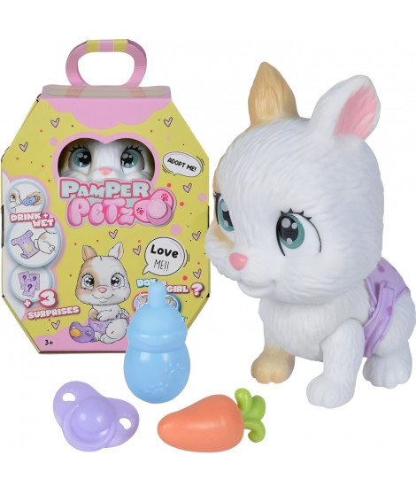 Smoby - Pamper Petz - Lapin a adopter - 4 accessoires - Articulé - Bois et fais pipi - Certificat d'adoption - Des 3 ans