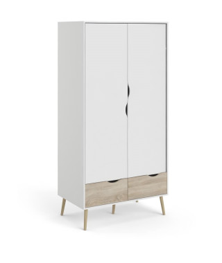 Armoire - Blanc / Chene - 2 portes / 2 tiroirs - Pietement évasé en bois massif - Chambre - 98,7 x 58,1 x 200,1 cm - TVILUM