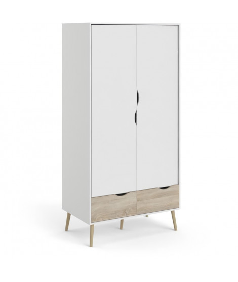 Armoire - Blanc / Chene - 2 portes / 2 tiroirs - Pietement évasé en bois massif - Chambre - 98,7 x 58,1 x 200,1 cm - TVILUM