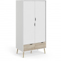 Armoire - Blanc / Chene - 2 portes / 2 tiroirs - Pietement évasé en bois massif - Chambre - 98,7 x 58,1 x 200,1 cm - TVILUM