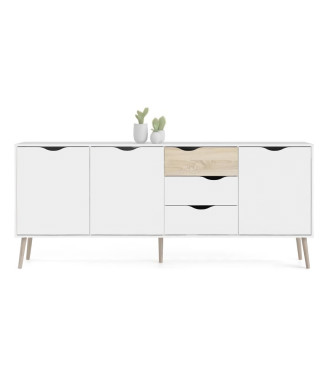 Buffet - Blanc / Chene - 3 portes / 3 tiroirs - Pietement évasé en bois massif - 195,7 x 39,1 x 81,7 cm - TVILUM