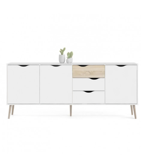 Buffet - Blanc / Chene - 3 portes / 3 tiroirs - Pietement évasé en bois massif - 195,7 x 39,1 x 81,7 cm - TVILUM