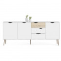 Buffet - Blanc / Chene - 3 portes / 3 tiroirs - Pietement évasé en bois massif - 195,7 x 39,1 x 81,7 cm - TVILUM