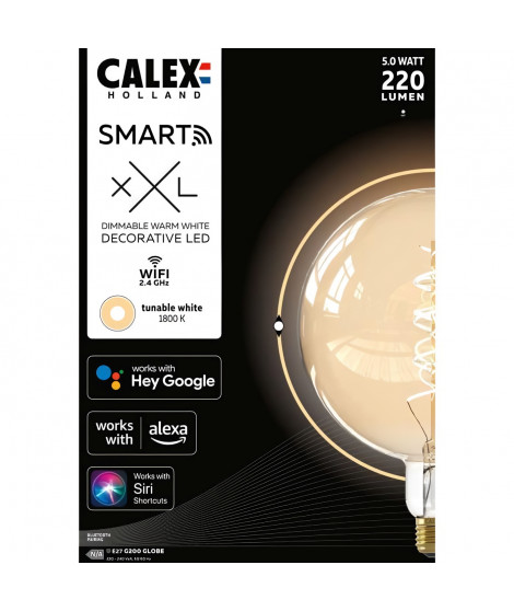 Ampoule LED E27 - CALEX - G200 SMART GLOBE - Simple filament spirale - 5 W - 220 lm - 1800 K - Intensité variable - Or