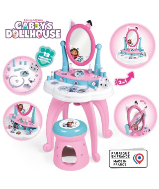 Smoby - Gabby et la Maison Magique - Coiffeuse enfant 2 en 1 - Tabouret inclus - 12 accessoires - Miroir orientable