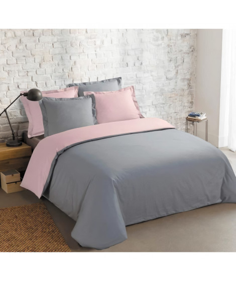 VISION - Bicolore - Housse de couette Réversible 240x220cm avec 2 taies 65x65cm - Gris/rose - 100% coton