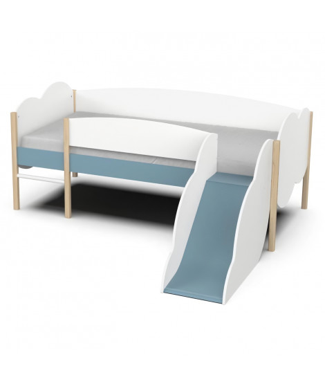 DEMEYERE Lit toboggan - 90 x 200 cm - Sommier a lattes - 2 Tirroirs - Décor blanc et bleu orage