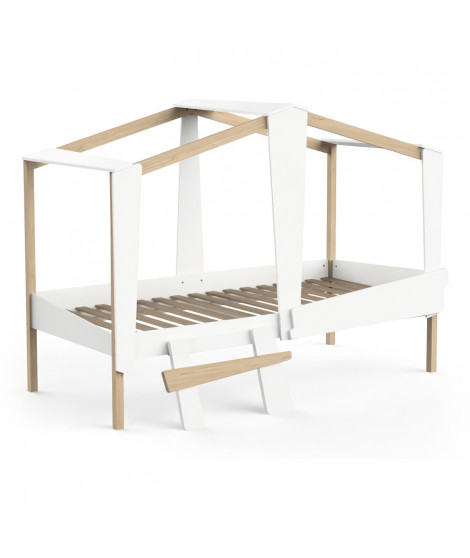 DEMEYERE Lit cabane - 90 x 200 cm - Grand Tiroir - Blanc mat et chene kronberg