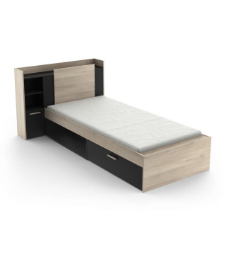 Lit extensible LIFE - DEMEYERE - 90 x 190/200 cm - Tirroir + niche - Chene kronberg et mélamine noir mat