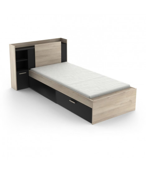 Lit extensible LIFE - DEMEYERE - 90 x 190/200 cm - Tirroir + niche - Chene kronberg et mélamine noir mat