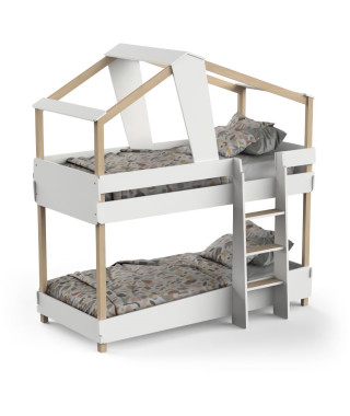 DEMEYERE Lits superposés TIMBER - 90 x 200 cm - Sommier a lattes - Décor bois et blanc