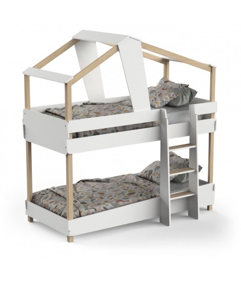 DEMEYERE Lits superposés TIMBER - 90 x 200 cm - Sommier a lattes - Décor bois et blanc