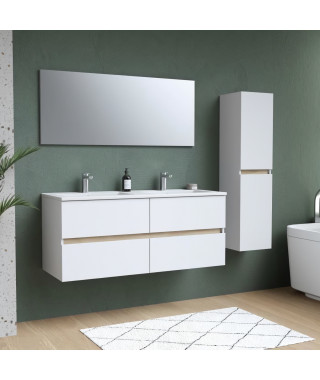 Ensemble Totem Blanc 120 avec vasque double, miroir & colonne