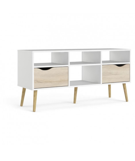 Meuble TV - 4 niches 2 tiroirs - Blanc / Chene - 117,2 x 39,1 x 57,4 cm - TVILUM